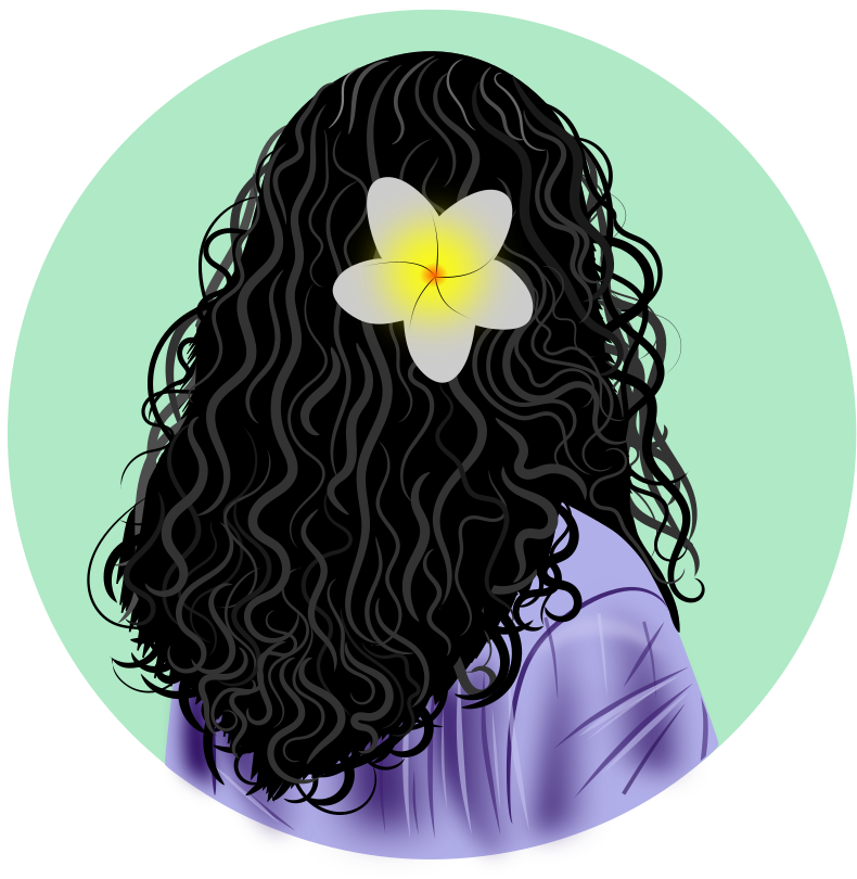 Illustration of Sythong Run, seen from behind. She wears a purple t-shirt, and her black curly hair flows down her back with a Champa flower pinned above her right ear